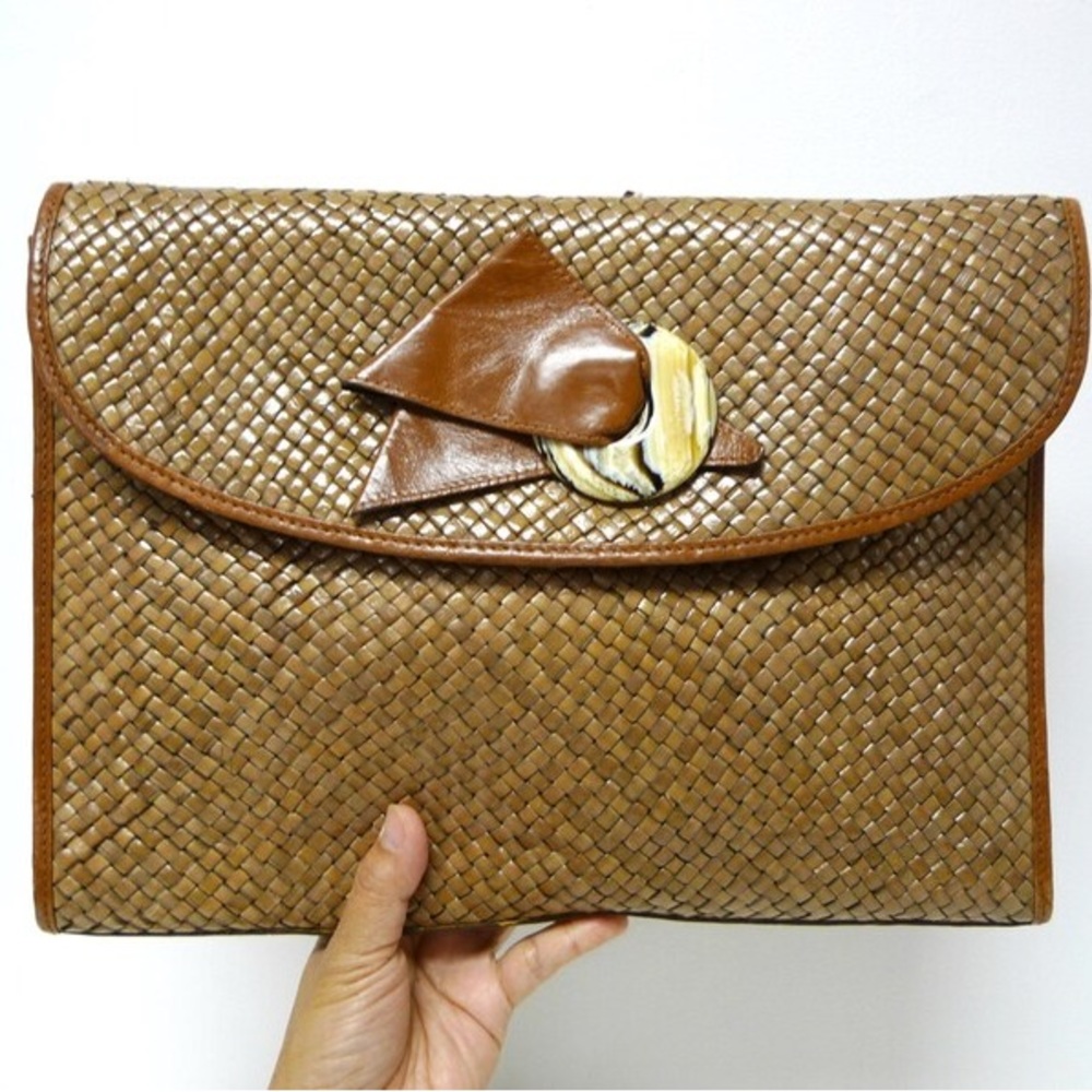 Vintage 70s woven boho clutch shoulder bag purse Italian leather bag crossbody